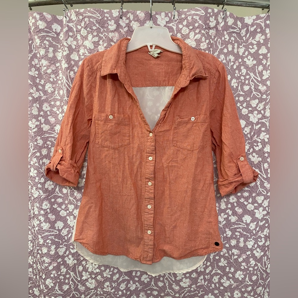 (S1) Tommy Girl Large Peach/White Fitted Sheer Back 3/4 Sleeve Button Down